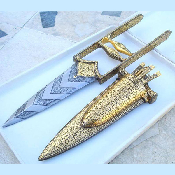 Damascus steel pure gold Bidaree work Katar Dagger knife 
